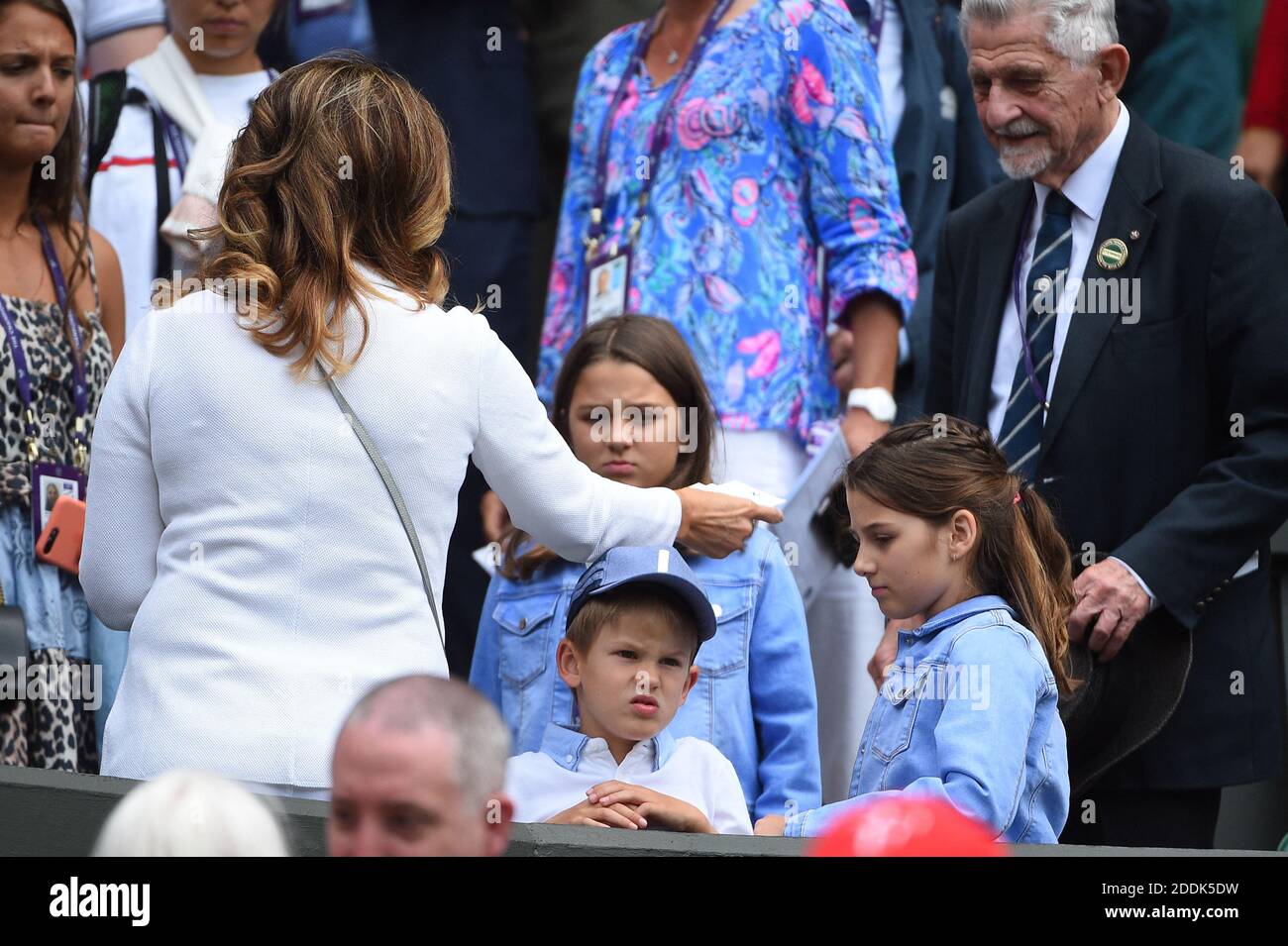 Mirka Federer and children in the stands watching Roger Federer (SWI)  during his first round match at the 2019 Wimbledon Championships at the  AELTC in London, UK on July 2, 2019. Photo