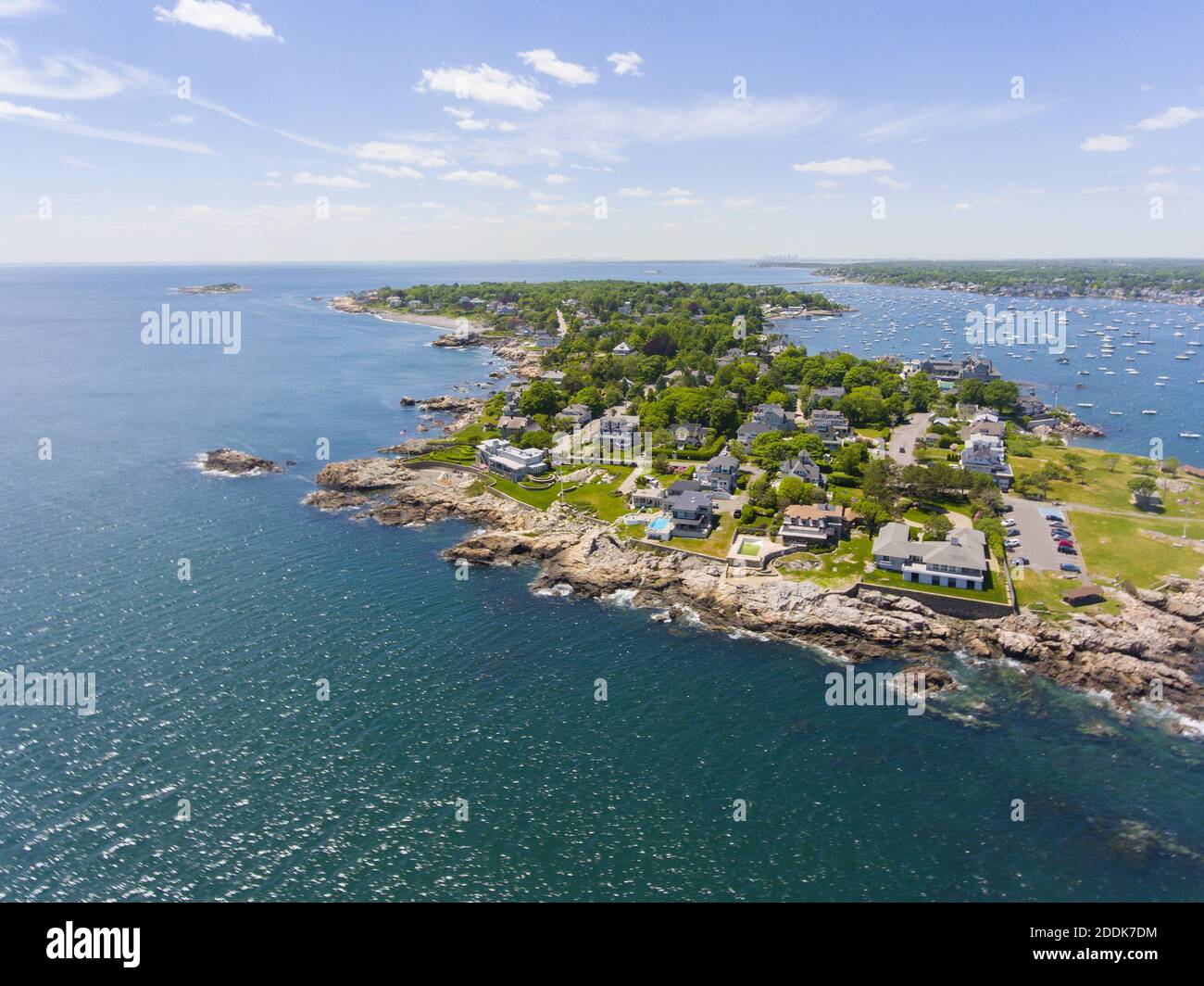 Castle Rock and beach park aerial view, Marblehead, Massachusetts MA
