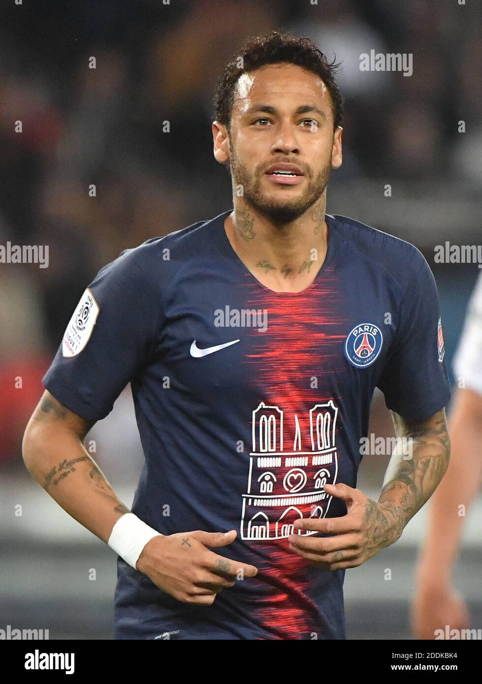 File photo - Paris Saint-Germain's Neymar, wearing a Notre-Dame jersey,  during the Ligue 1 Paris Saint-Germain (PSG) v Monaco (ASM) on April 21,  2019 at the Parc des Princes stadium in Paris,