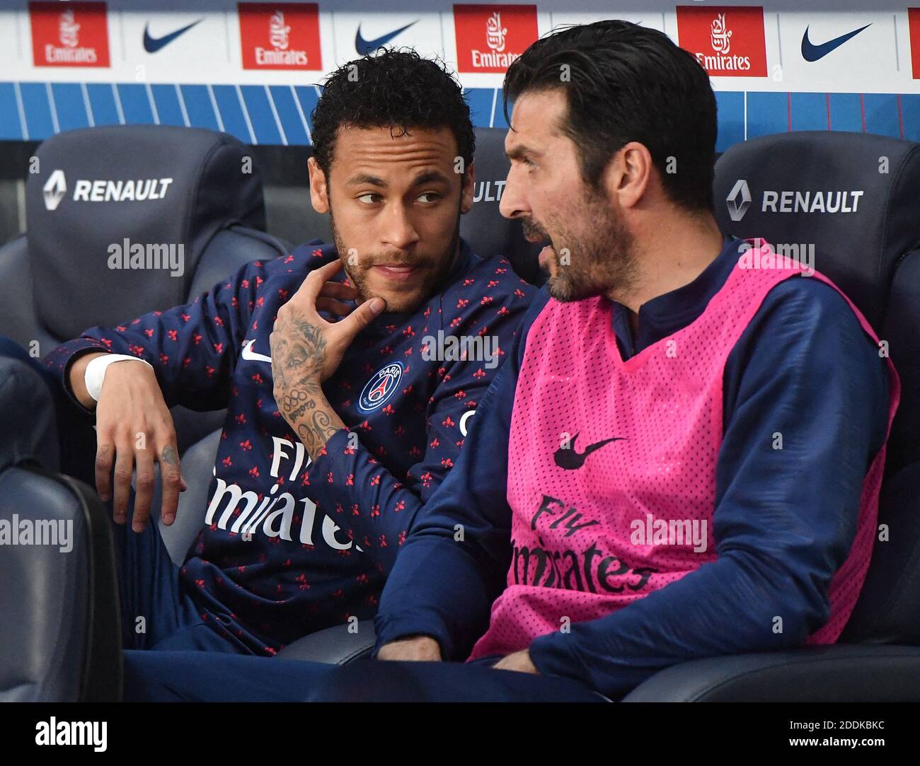File photo Paris Saint Germain s Neymar wearing a Notre Dame jersey and Gianluigi Buffon during the Ligue 1 Paris Saint Germain PSG v Monaco ASM on April 21 2019 at the Parc des Princes
