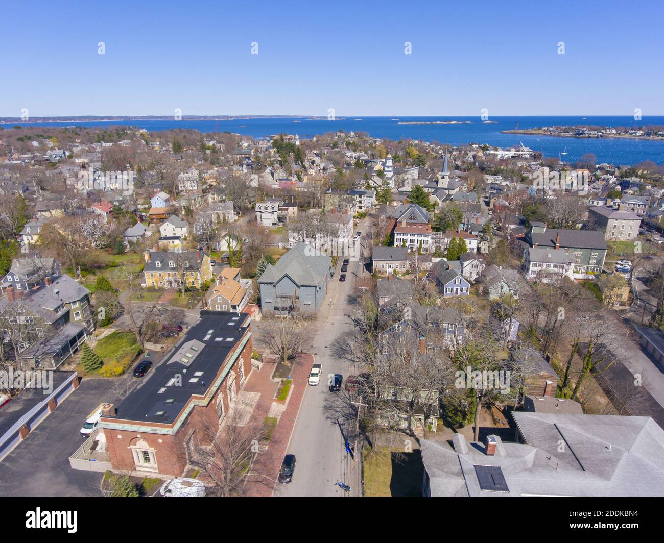Aerial view of historic Marblehead town center and Marblehead harbor