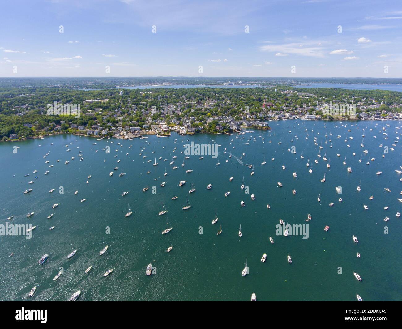 Aerial view of Marblehead town center and Marblehead Harbor in town of