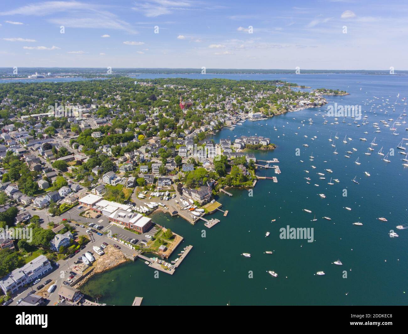Aerial view of Marblehead town center and Marblehead Harbor in town of