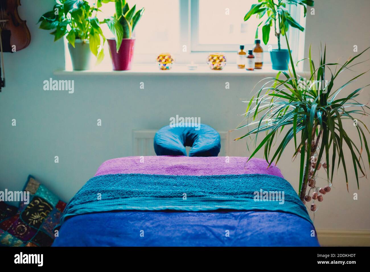 A closeup shot of an empty massage table bed in a spa salon decorated with potted plants Stock Photo