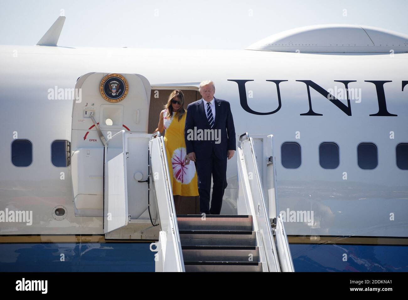 The President of United States, Donald Trump and his wife Melania Trump  arrives in Bordeaux, France for the G7 Summit on Friday, August 24, 2019.  Photo by Thibaud Moritz/ABACAPRESS.COM Stock Photo -