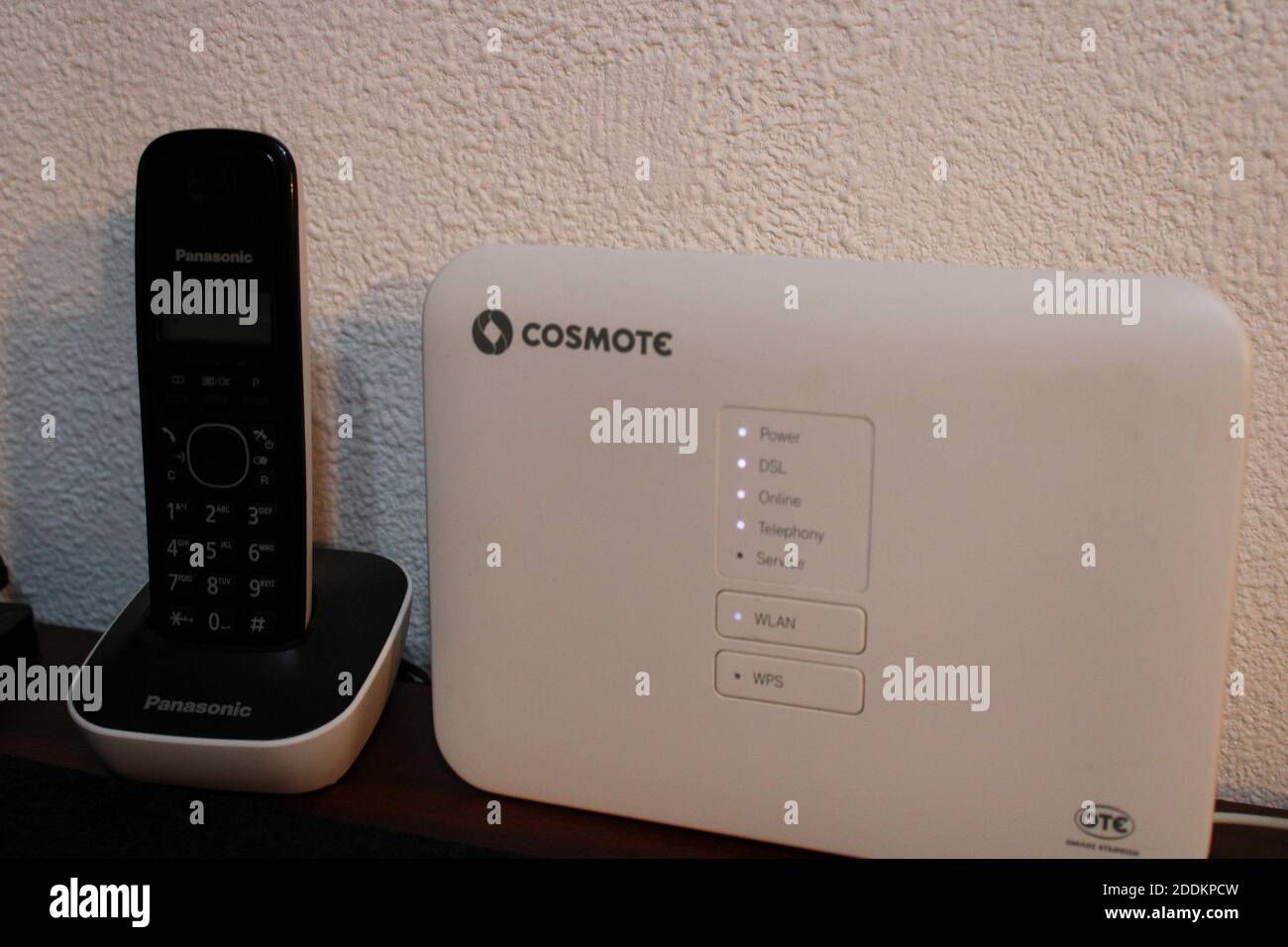 Cosmote broadband router and Panasonic phone Stock Photo - Alamy