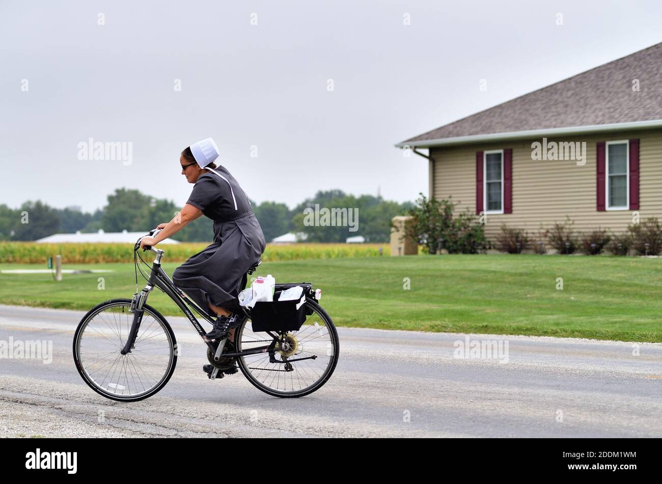 Arthur, Illinois, USA. An Amish woman on a bicycle making a turn off a highway into a store parking lot. Stock Photo