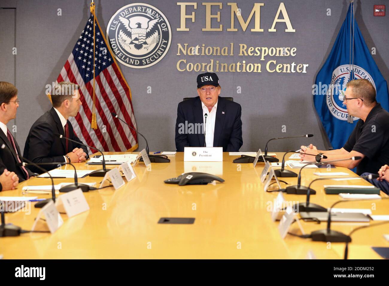 President Donald J. Trump attends a briefing on Hurricane Dorian at FEMA headquarters, in Washington, DC, USA, September 1, 2019. Also shown (l-r) are Defense Secretary Mark Esper, Kevin McAleenan, Acting Secretary of Homeland Security, and Pete Gaynor, Acting Director of FEMA. Photo by Martin H. Simon/Pool/ABACAPRESS.COM Stock Photo