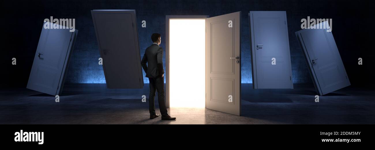door and businessman, door to new opportunity. 3d rendering Stock Photo