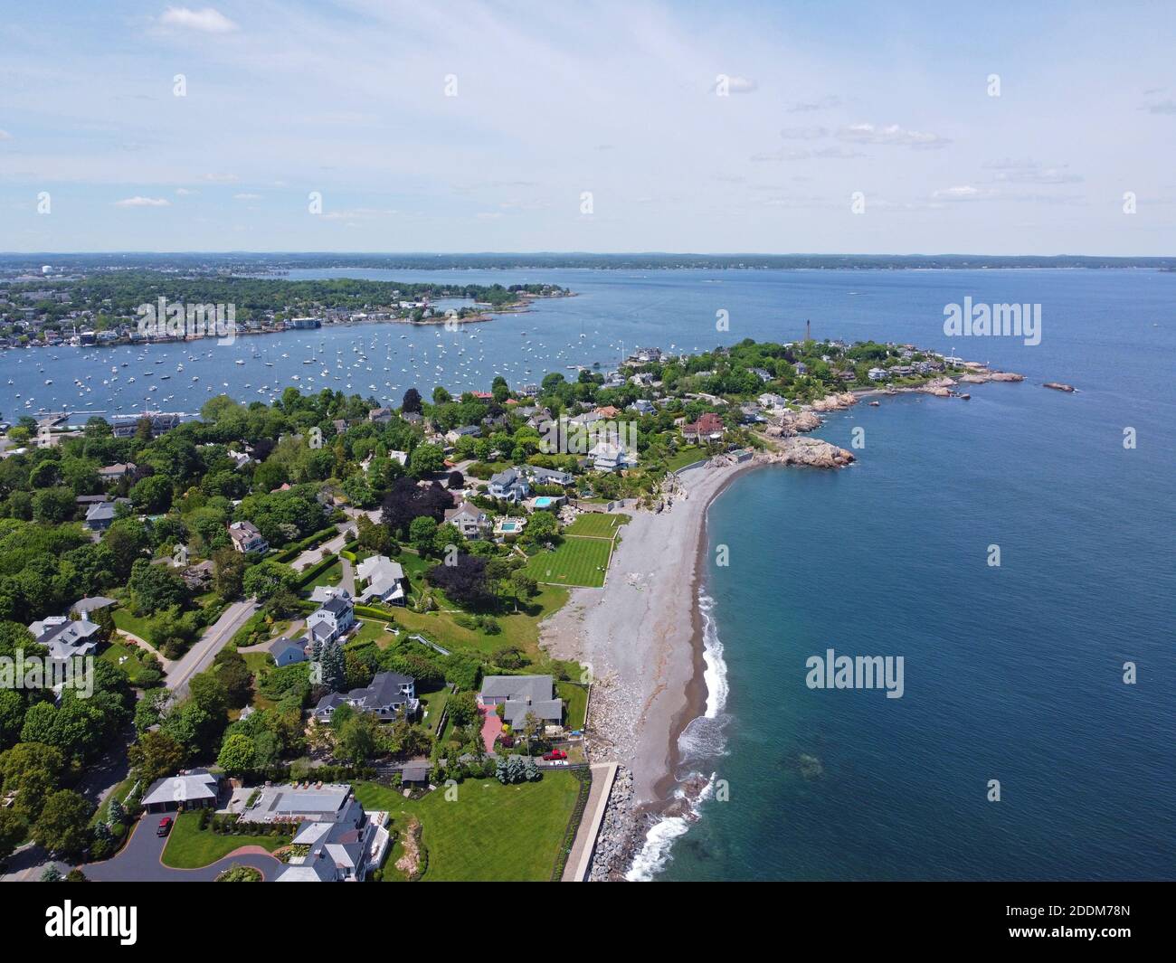 Castle Rock and beach park aerial view, Marblehead, Massachusetts MA