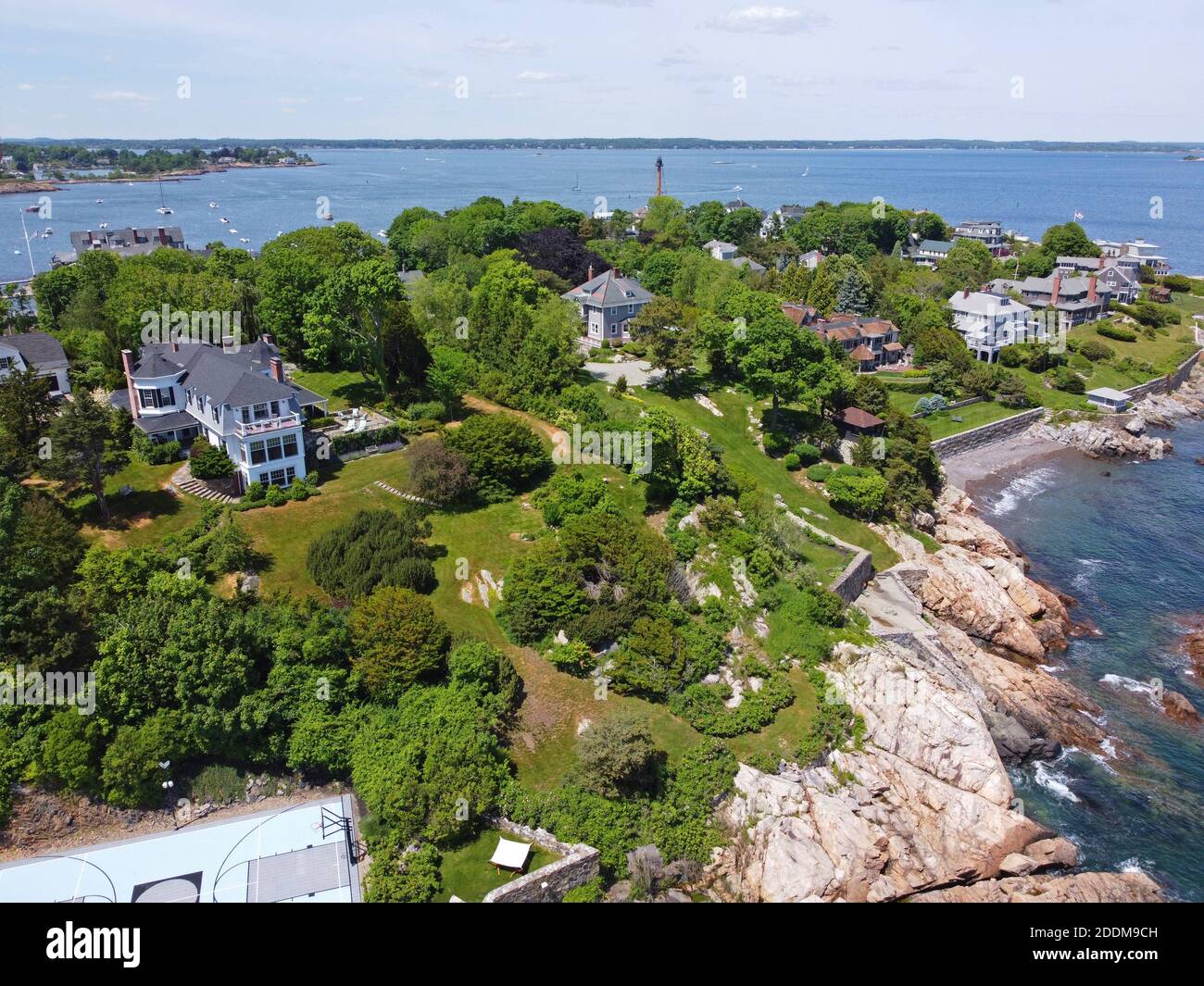 Aerial view of historic waterfront houses on the coast of Marblehead