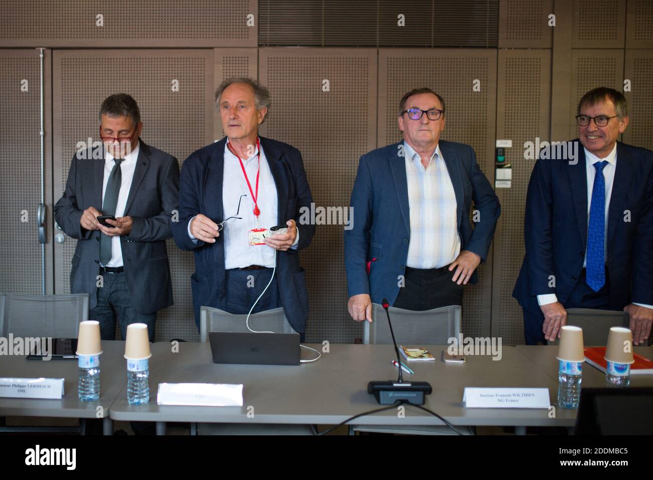 President of France's Doctor Federation (FMF) Jean-Paul Hamon,  vice-president of France's Federation of the General Practitioners  (Syndicat MG) Francois Wilthien and CSMF doctors confederation president  Jean-Paul Ortiz attend a meeting between unions