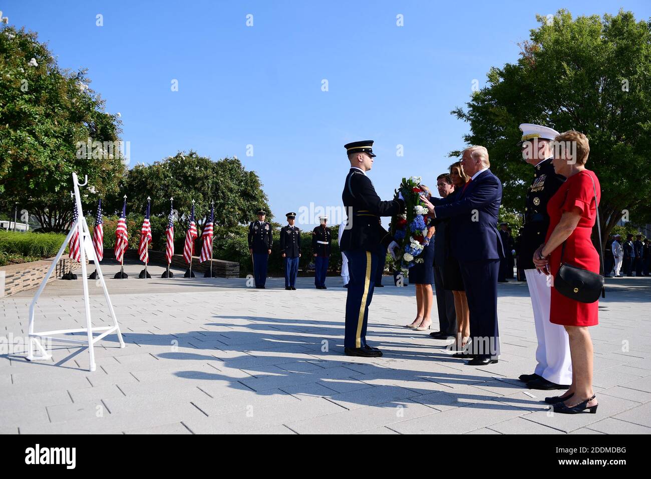 President Donald Trump lays a wreath at the Pentagon during the 18th anniversary commemoration of the September 11 terrorist attacks, in Arlington, Virginia on Wednesday, September 11, 2019. Photo by Kevin Dietsch/Pool/ABACAPRESS.COM Stock Photo