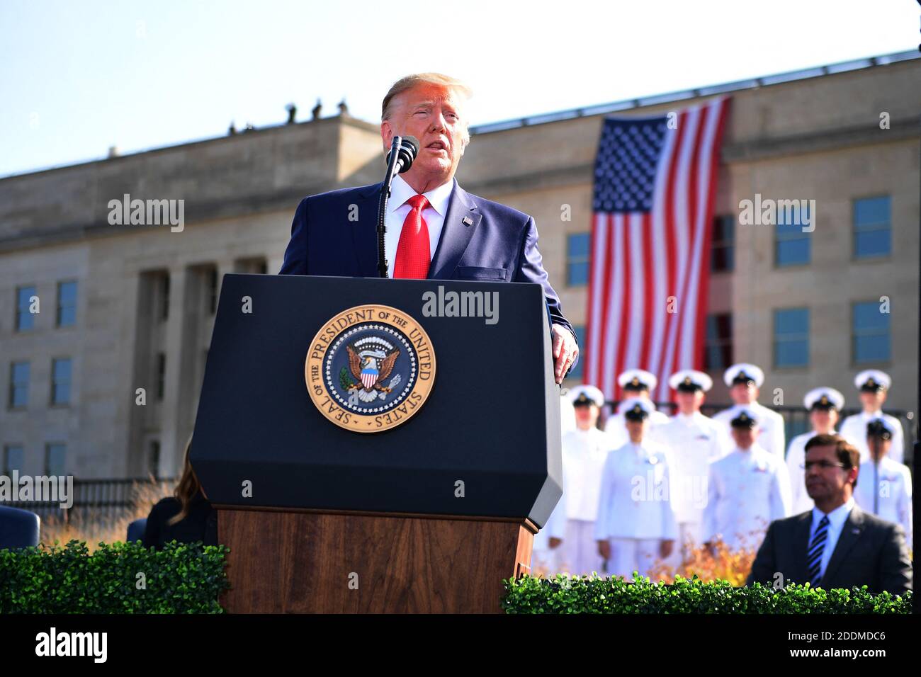 President Donald Trump makes a statement in front of the Pentagon during the 18th anniversary commemoration of the September 11 terrorist attacks, in Arlington, Virginia on Wednesday, September 11, 2019. Photo by Kevin Dietsch/Pool/ABACAPRESS.COM Stock Photo
