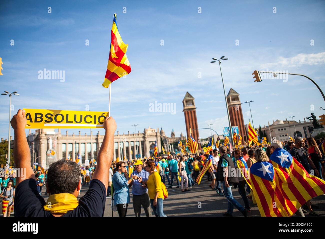 Demonstrators wave pro-independence Catalan Estelada flags during Catalonia's national day, known as Diada Nacional de Catalunya, at Plaza Espana in Barcelona, Spain on September 11, 2019. Photo by Antonio Cascio/ABACAPRESS.COM Stock Photo