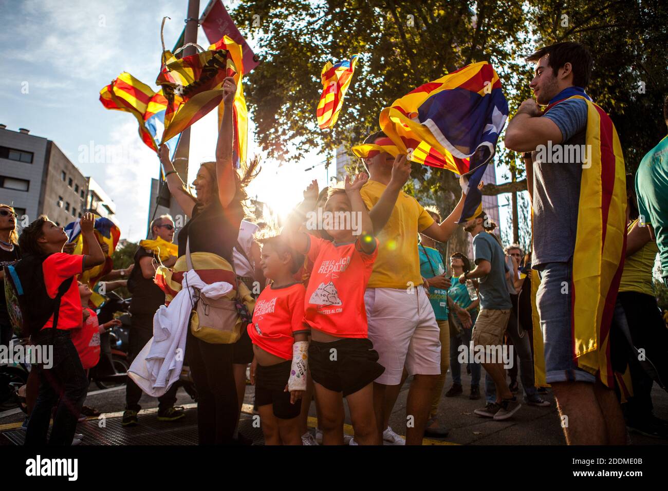 Demonstrators wave pro-independence Catalan Estelada flags during Catalonia's national day, known as Diada Nacional de Catalunya, at Plaza Espana in Barcelona, Spain on September 11, 2019. Photo by Antonio Cascio/ABACAPRESS.COM Stock Photo