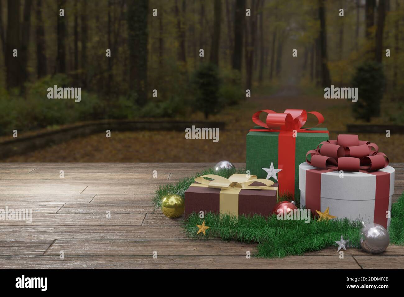 Christmas presents on wooden floor. Gift boxes with decor and copy