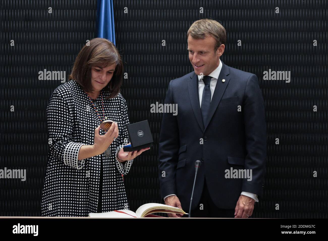 French President and Co-Prince of Andorra Emmanuel Macron visits Escaldes-Engordany as he visits the seven parishes during a trip to Andorra on September 13, 2019, in Andorra. Photo by Jean-Marc Haedrich/Pool/ABACAPRESS.COM Stock Photo