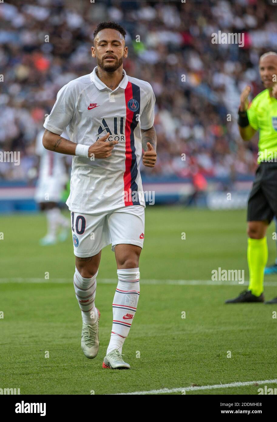 Neymar Jr (PSG) in action during the Ligue 1 Conforama Paris Saint-Germain  v RC Strasbourg football match at the Parc des Princes Stadium on September  14, 2019 in Paris, France. PSG won