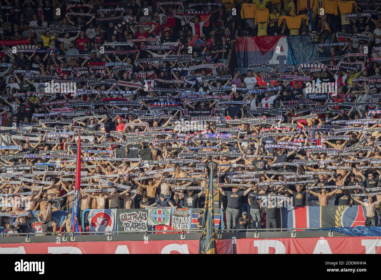 PSG' Ultras supportters in the stands during the Ligue 1 Conforama Paris  Saint-Germain v RC Strasbourg football match at the Parc des Princes  Stadium on September 14, 2019 in Paris, France. PSG