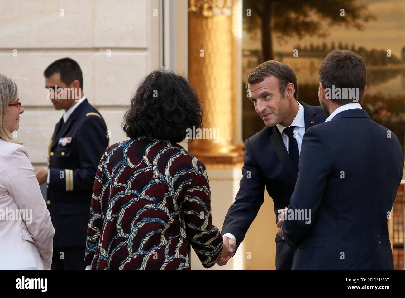 French President Emmanuel Macron inaugurates the Commission on 'the child's first 1000 days' (les 1000 premiers jours de l'enfant) at the Elysee palace in Paris, on September 19, 2019. Photo by Stephane Lemouton/pool/ABACAPRESS.COM Stock Photo