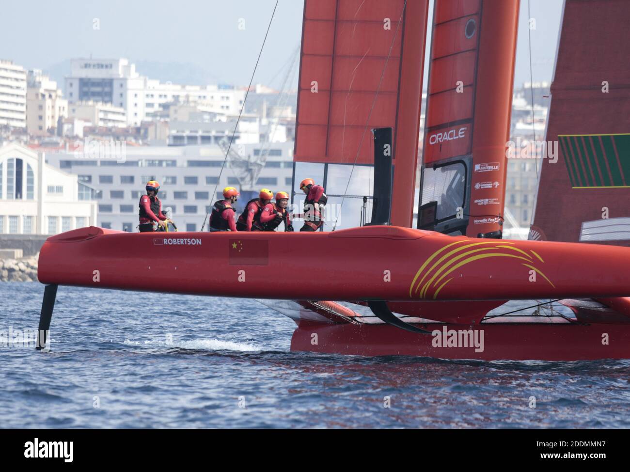 The SailGP F50 catamaran in racing during SailGP final in Marseille, France on September 19, 2019. SailGP is racing takes place in some of the most iconic harbors around the globe and culminates with a $1 million winner-takes-all match race. Rival national teams battle it out in identical supercharged F50 catamarans, engineered for intense racing at electrifying speeds exceeding 50 knots (nearly 60 mph/100 kph) and Marseille is the final event. Photo by Patrick Aventurier/ABACAPRESS.COM Stock Photo