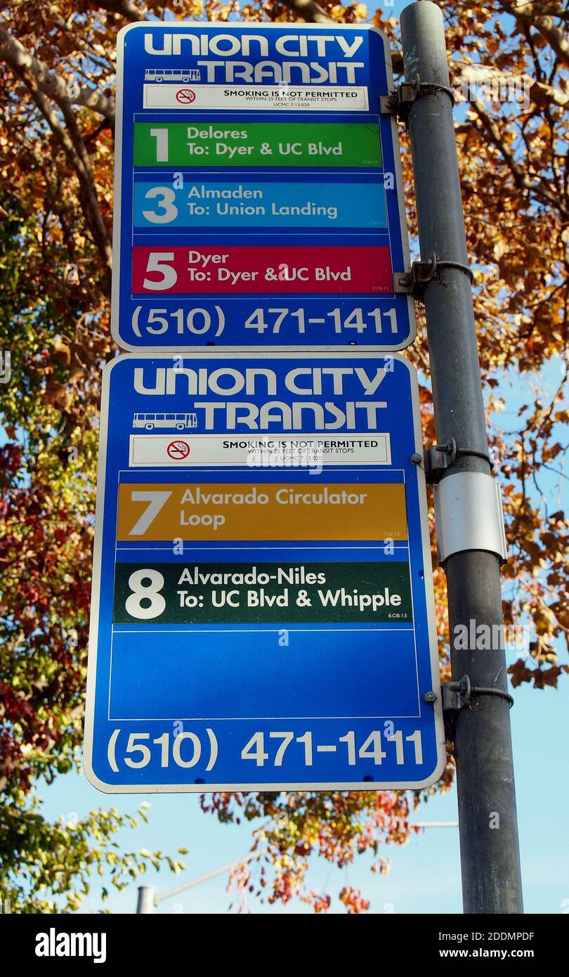 Union City, California bus stop sign along Alvarado Niles Blvd Stock Photo