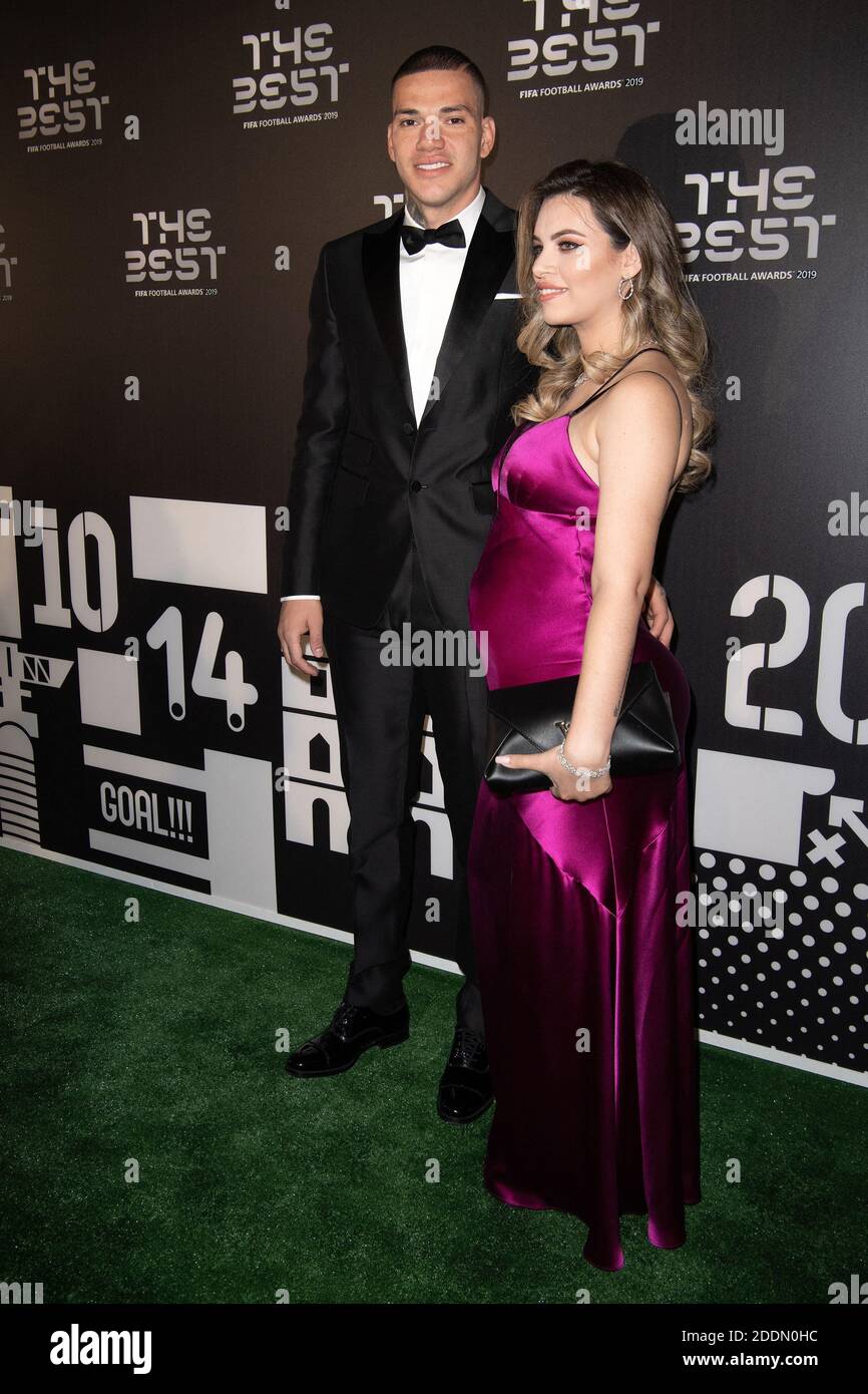 Brazil and Manchester City goalkeeper Ederson and his wife Lais Moraes  attend the green carpet prior to The Best FIFA Football Awards 2019 at the  Teatro Alla Scala on September 23, 2019