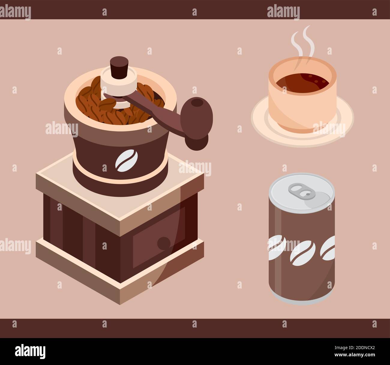 coffee can, cup, roasting machine brewing isometric vector illustration Stock Vector