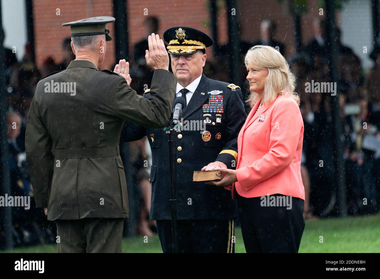 Chairman of the Joint Chiefs of Staff Mark Milley is sworn in by outgoing chairman General Joseph Dunford during the Armed Forces Welcome Ceremony in honor Milley being appointed as the Twentieth Chairman of the Joint Chiefs of Staff at Joint Base Myer in Virginia, September 30, 2019. At right is Hollyanne Milley, Spouse of General Milley.Credit: Chris Kleponis / Pool via CNP /ABACAPRESS.COM Stock Photo