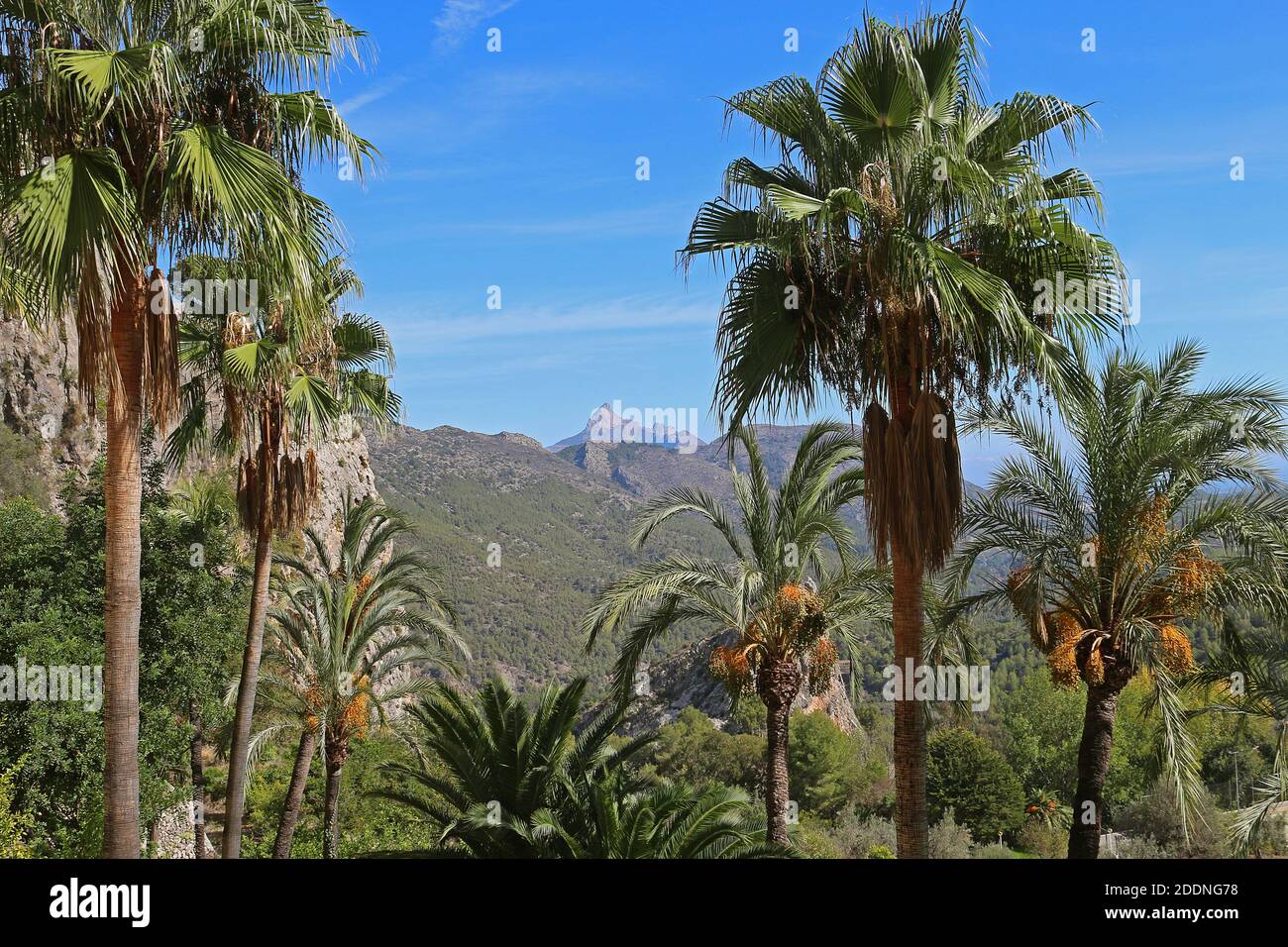 Sierra de Bernia as seen from the Castell de Guadalest in the Alicante Province of Spain. This isn't far from Benidorm on the Mediterranean coast. Stock Photo
