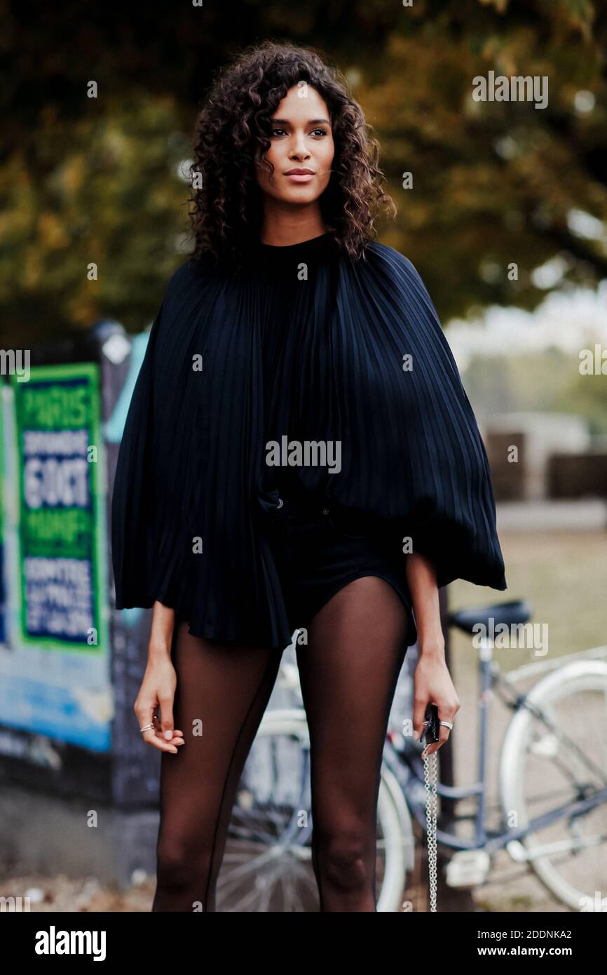Street style, model Cindy Bruna arriving at Y Project Spring-Summer