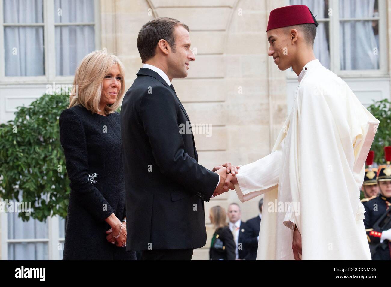 French President Emmanuel Macron and her wife Brigitte Macron welcome to the Crown Prince Moulay El Hassan of Morocco at the Palais de l'Elysée during the lunch in honor of the Heads of State and Government present at the funeral of President Jacques Chirac on September 30,2019 in Paris, France.Photo via David NIVIERE/ABACAPRESS.COM Stock Photo