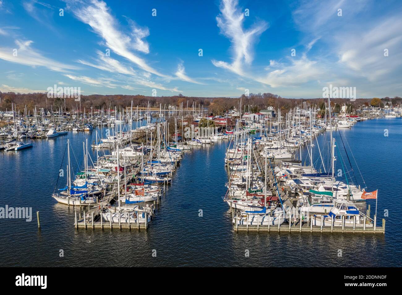 Scenic aerial panorama of Deale waterfront docks on the Western Shore of Chesapeake Bay Maryland