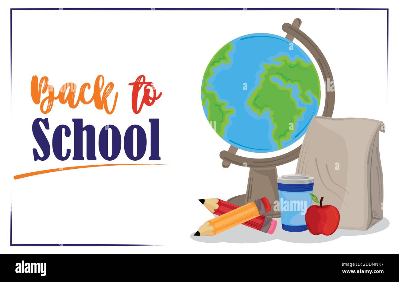 back to school, globe map pencils apple and lunch education vector ...