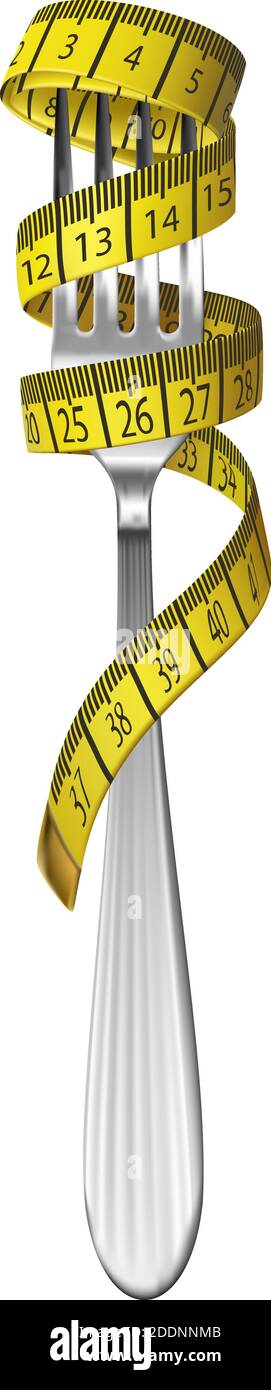 3d realistic vector diet concept illustration. Fork with measuring tape on it. Isolated on white background. Stock Vector