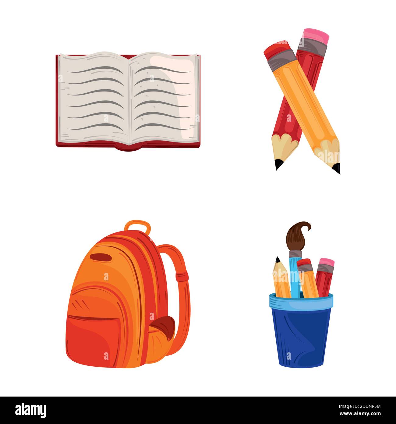 back to school, open book backpack and pencils education vector ...