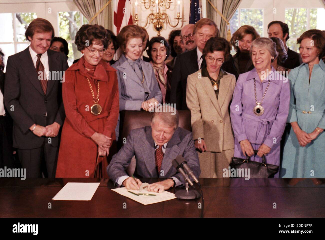 President Jimmy Carter signs the House of Representative resolution proposing the Equal Rights Amendment (ERA) before it was sent to the states for ratification in 1978. The Equal Rights Amendment was supported by those who believed that women did not have equal status to men in the United States and who hoped to force change. The ERA failed to gain ratification by the required number of states and therefore was not made into law. Stock Photo