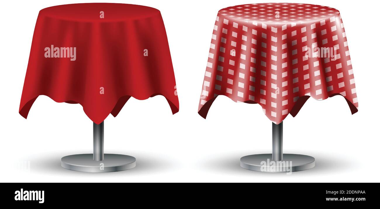 Table Ruffles Vector Set of two 3d realistic vector cafe tables with red tablecloth and ...