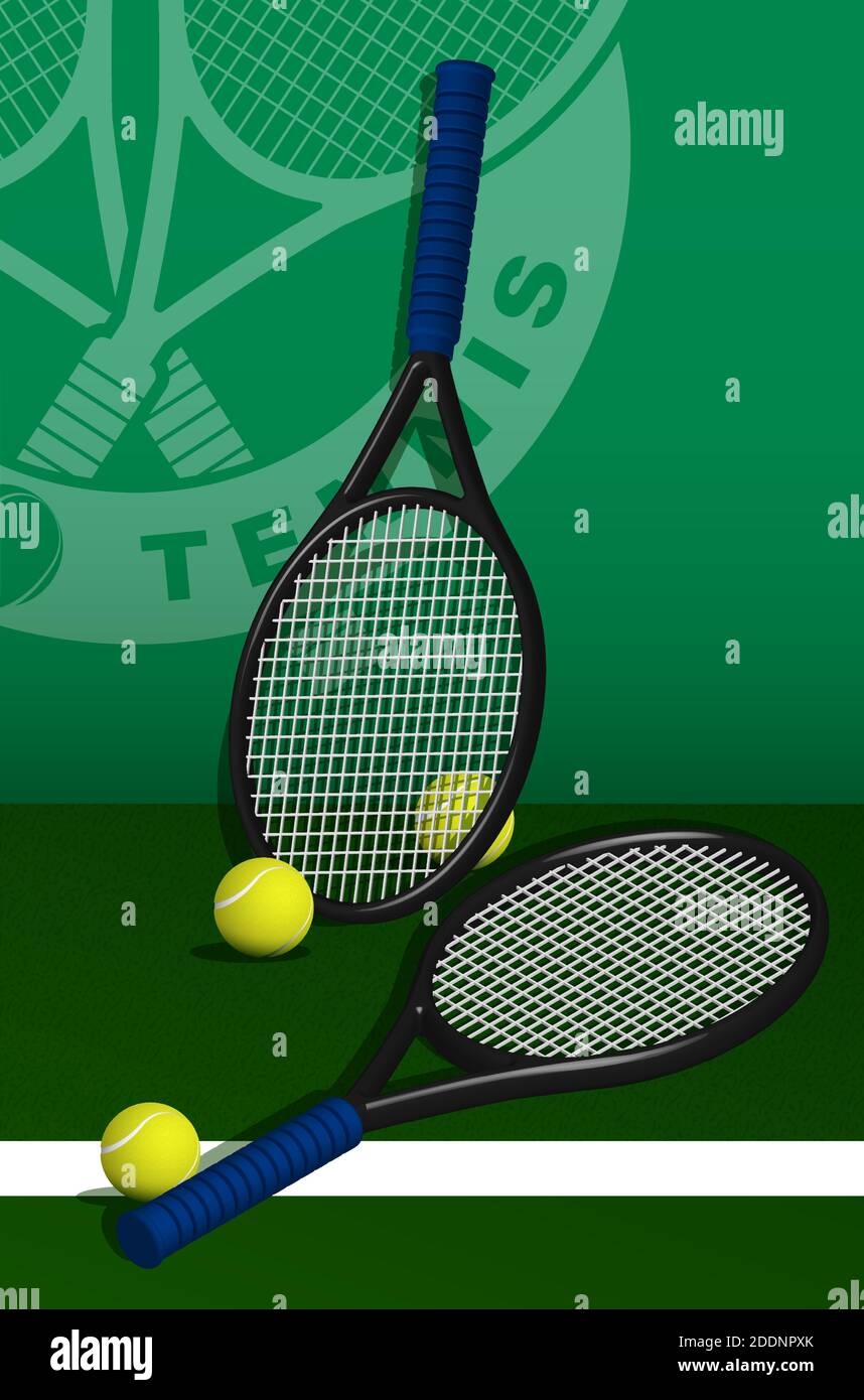 tennis rackets and balls lie on lawn of tennis court. Sport equipment