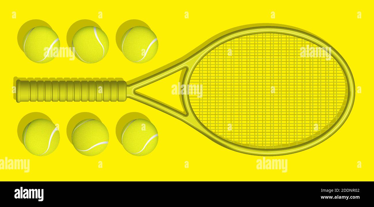 yellow tennis rackets and balls lie on yellow background of tennis ...