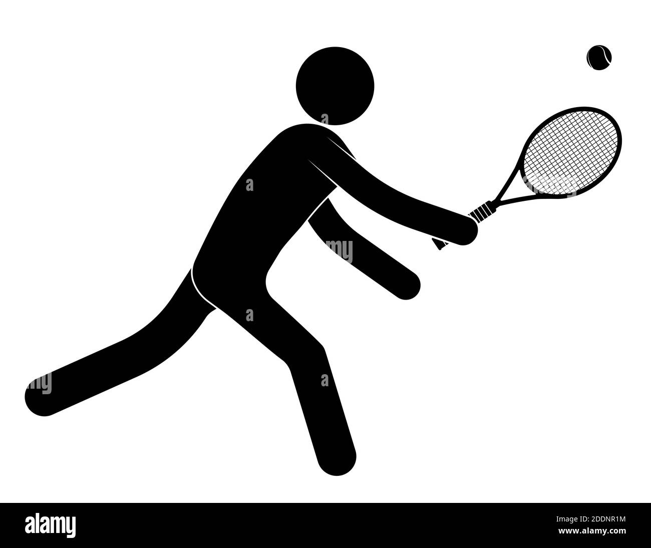 stick man figure tennis player stretches and hits tennis ball