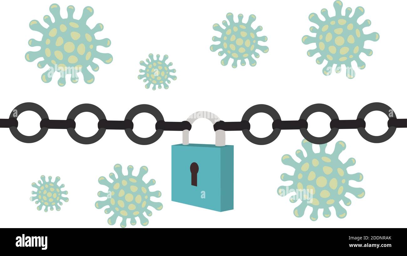 Lockdown for COVID-19 pandemic outbreak. Padlock and metal chain on virus background. Government shutdown of restaurants, shopping stores, non essenti Stock Vector