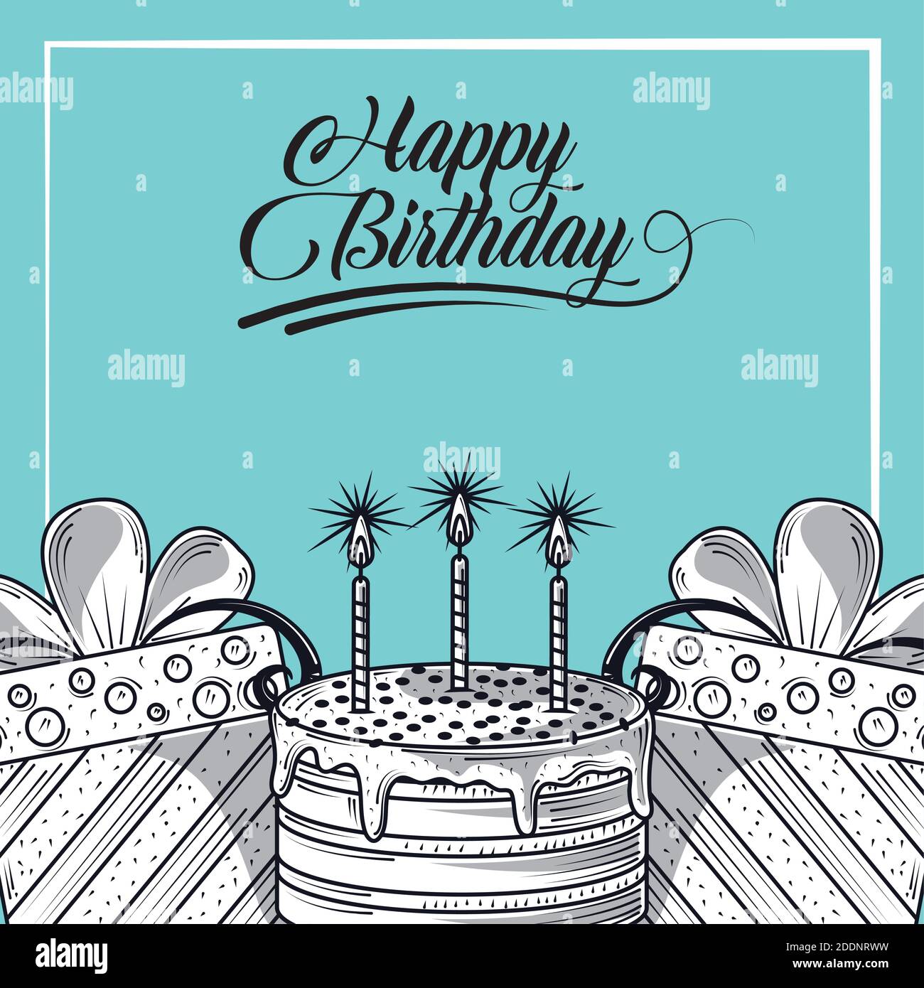 happy birthday greeting card with cake and gifts, engraving style