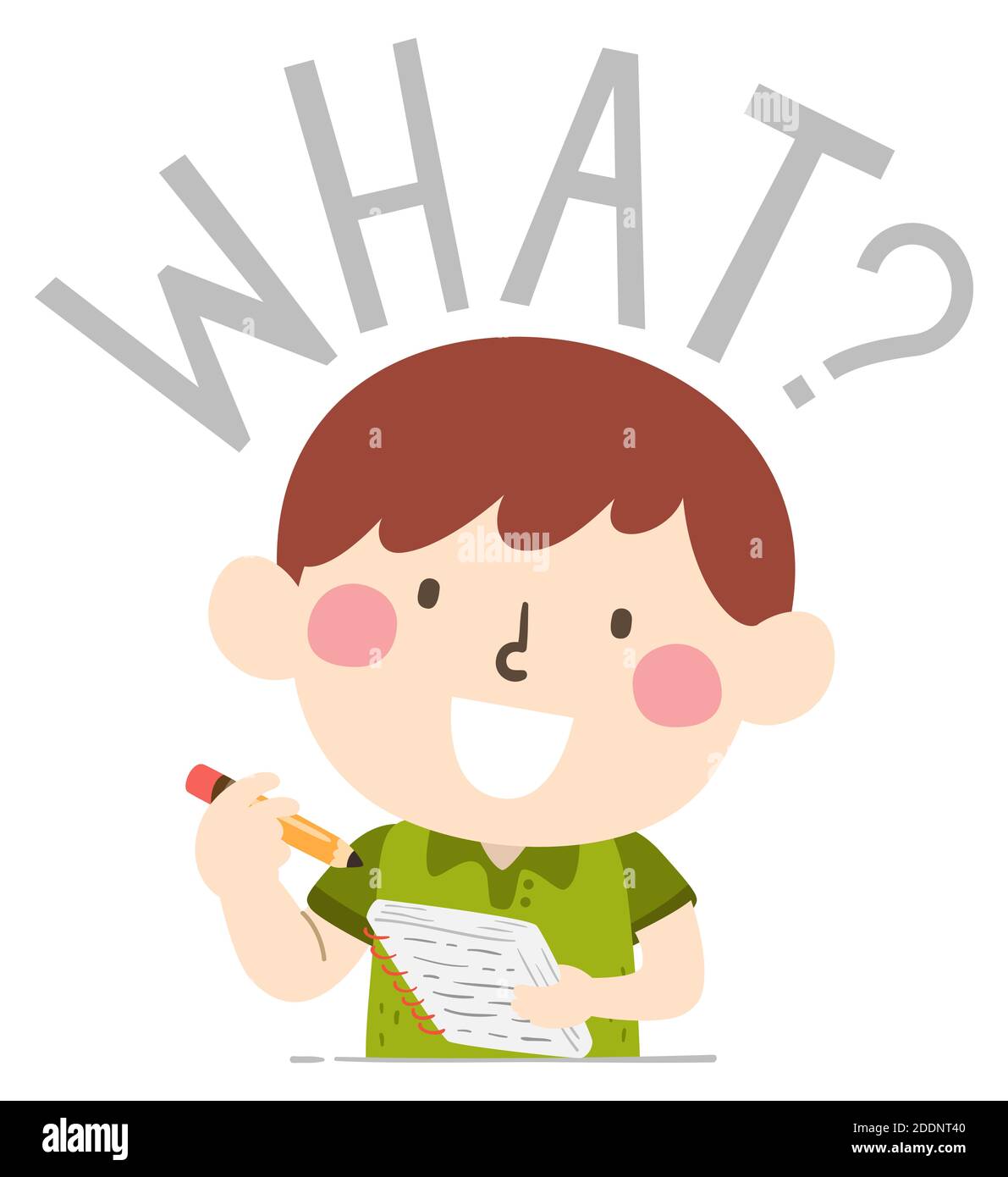 Illustration of a Kid Boy Holding Notes and Pencil Asking a What