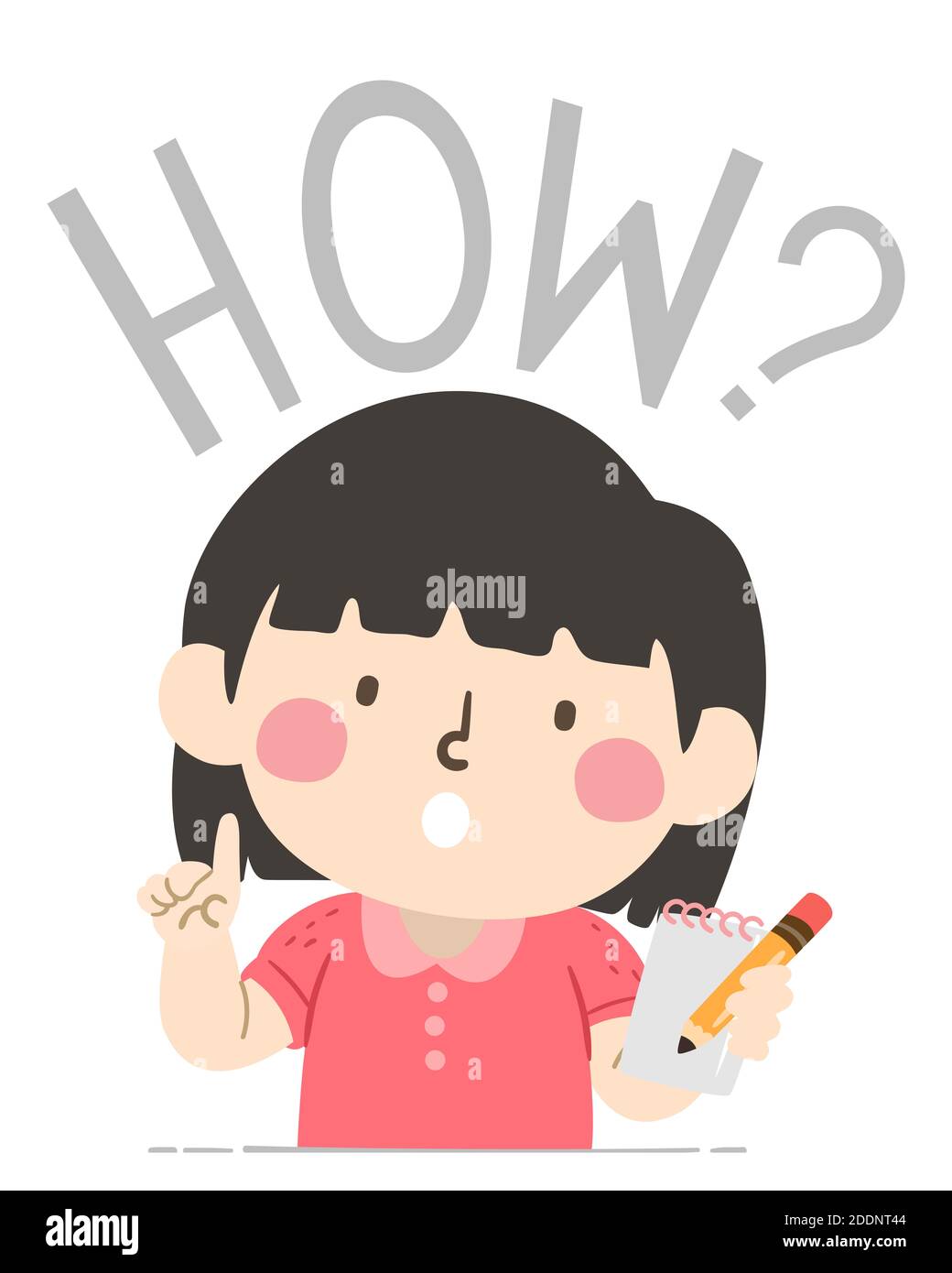 Illustration of a Kid Girl Holding Notes and Pencil and Asking a How