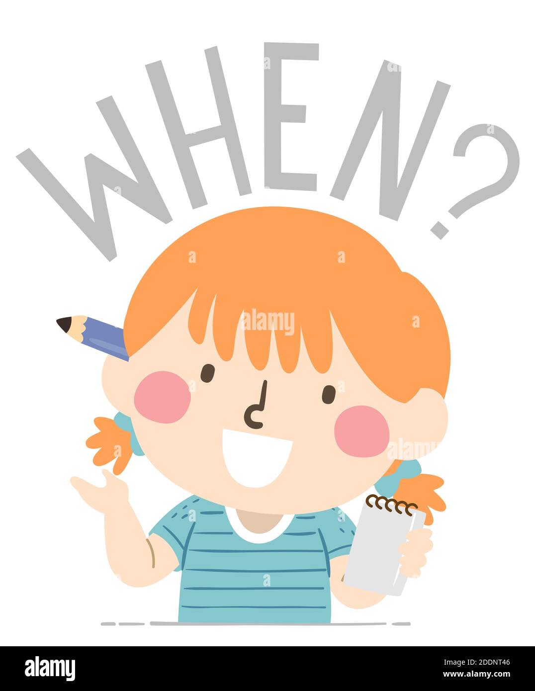 Illustration of a Kid Girl Holding Notes and Asking a When Question for