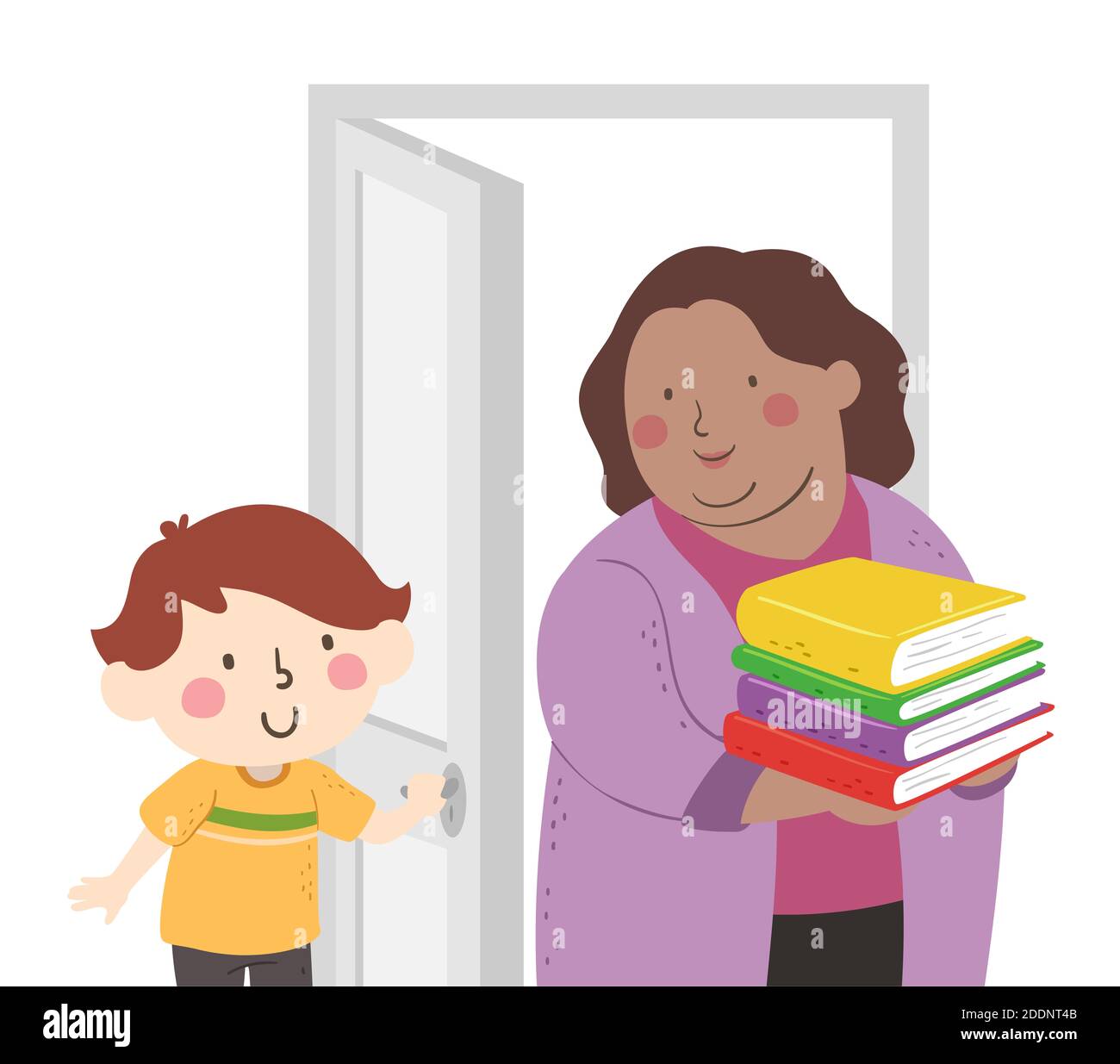 Illustration Of A Kid Boy Student Holding The Door Open For Teacher Girl Carrying Books Stock Photo Alamy