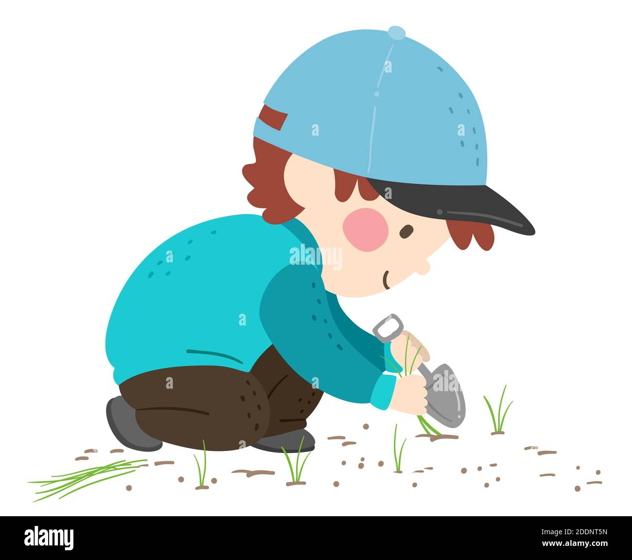 Illustration of a Kid Boy Holding Shovel and Removing Weeds from the Garden Stock Photo