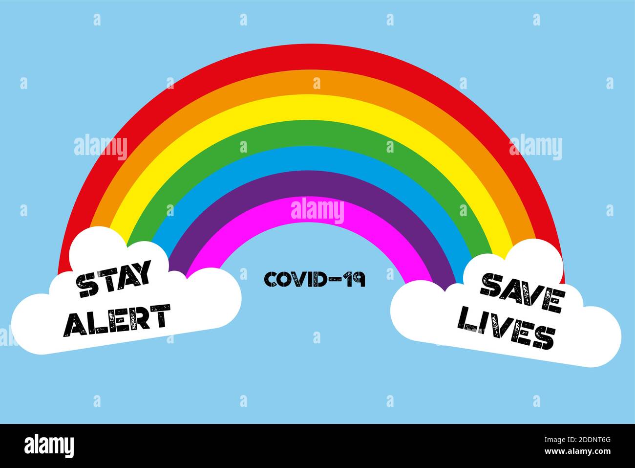 Colourful Rainbow and clouds showing the messages stay alert and save lives on a sky blue background Stock Vector